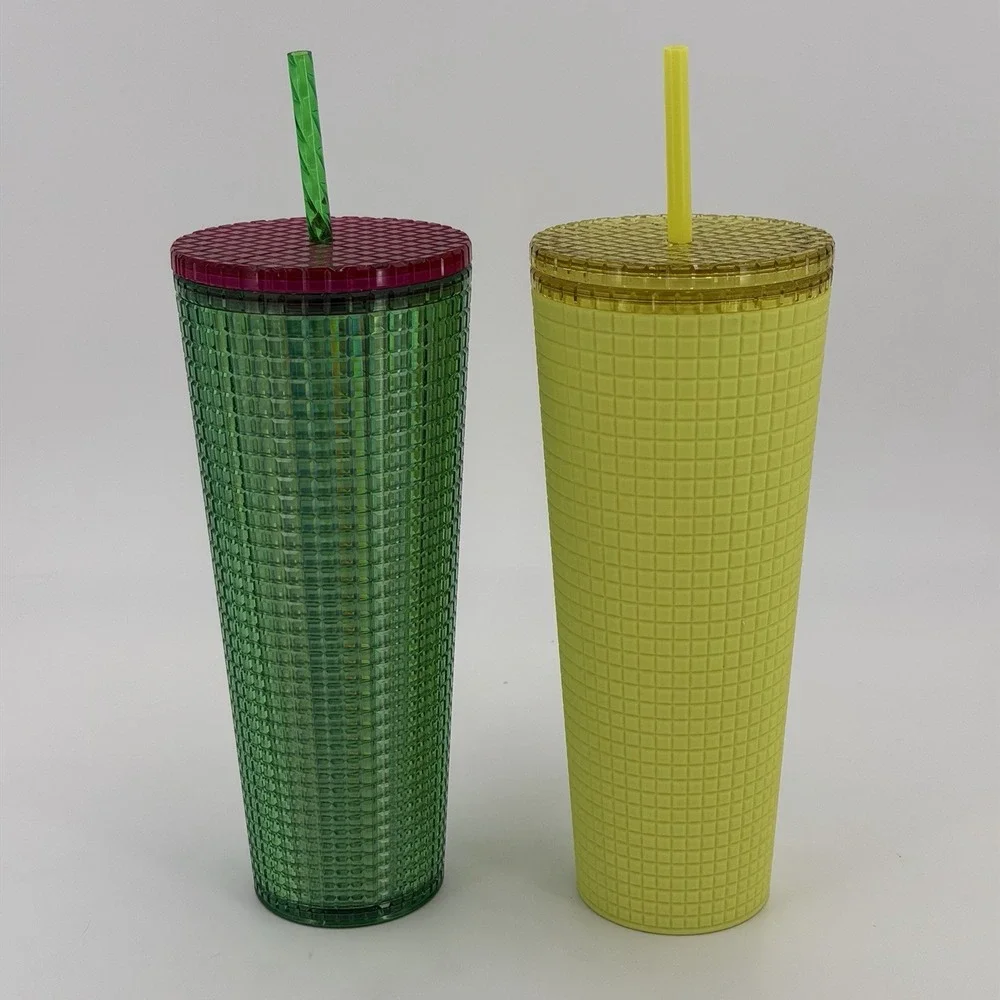 2 Starbucks 24 oz Cold Cups Yellow Soft Touch Grid & Watermelon Grid Tumbler